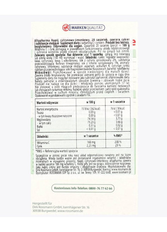 Лимонный чай для иммунитета с витамином С и цинком Аltapharma Heiße Zitrone-Limette 20 шт 60 г No Brand (366889525)