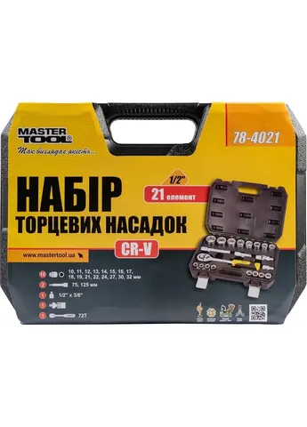Набор головок 1/2" 10–32 мм, CrV, трещотка 72Т, 21 шт 78-4021 Mastertool (405986809)