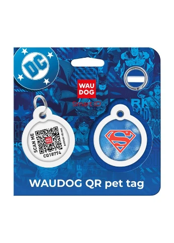 Адресник для собак і котів металевий Smart ID з QR паспортом, малюнок "Супермен ретро", коло, Д 30 мм WAUDOG (402029705)