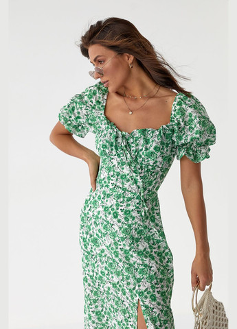 Зеленое повседневный цветочное платье миди с разрезом 2266 Lurex с цветочным принтом
