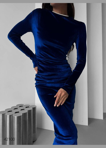 Синя вечірня вечірня сукня з оксамиту довжини міді Liton