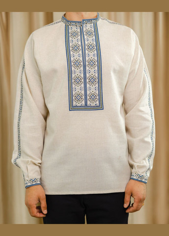 Светло-бежевая вышиванка мужская, рубашка вышиванка сокол, рубашка вышитая узор орнамент прямой вискоза, лен (334001039)