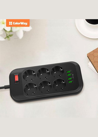 Фільтр живлення СolorWay (CW-CHE64B) 6 розеток, 4xUSB, 2м, Black Colorway (336960081)