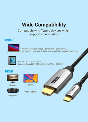 Кабель Cotton Braided USB-C to HDMI Cable 1.5M Black Aluminum Alloy Type Vention (340277776)