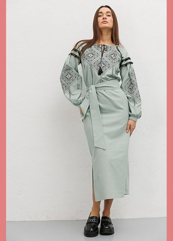Женское платье-вышиванка фисташковое с ромбами крестиком Arjen (289787425)