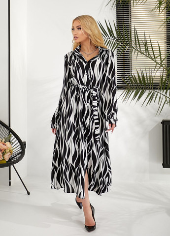 Черное повседневный, кэжуал, вечернее платье-рубашка с длинными рукавами рубашка No Brand с абстрактным узором