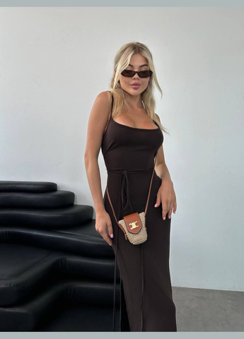 Коричневое повседневный платье макси с разрезами и длинным поясом силуэтная MonCher