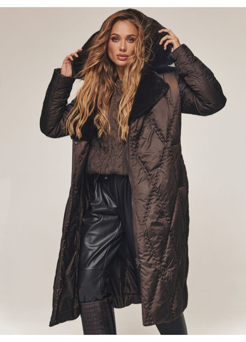 Коричнева зимня стьобана зимова куртка з капюшоном і широкими лацканами коричнева Dressa