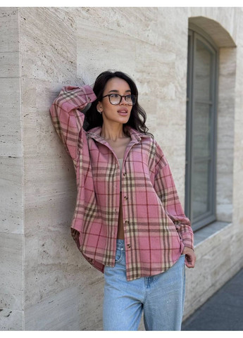 Жіноча байкова сорочка оверсайз на ґудзиках тепла подовжена пудра You Best (358932395)