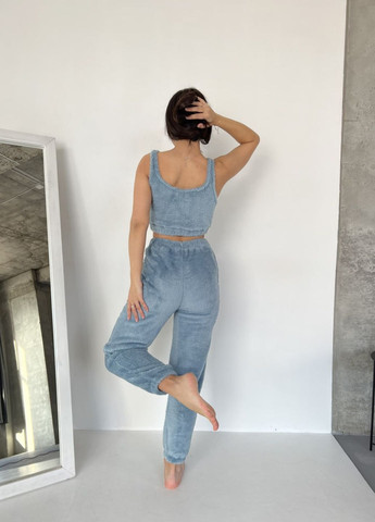 Серо-синий демисезонный махровый костюм: топ+штаны No Brand