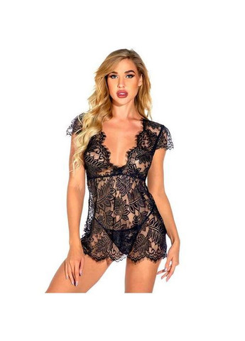 Коротенький сексі пеньюар із квітковим мереживом чорний — S/M — Еротична білизна No Brand (366891932)