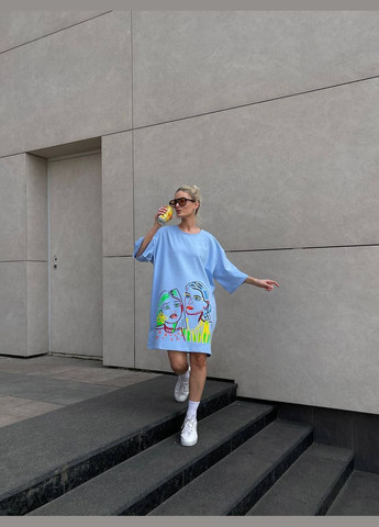 Голубое спортивное, домашнее, пляжное, повседневный женское платье-футболка No Brand