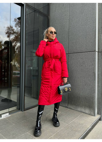 Червона зимня довгий жіночий пуховик із поясом — заміри в описі куртка-пальто Vione