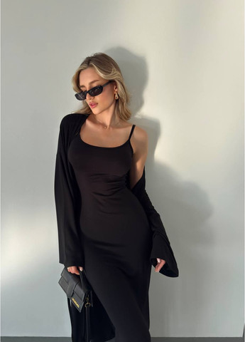 Чорна вечірня, ділова жіночний комплект: сукня-комбінація на бретелях + кардиган Україна
