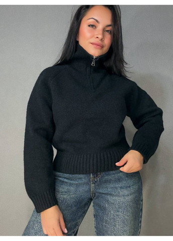 Чорний демісезонний светр жіночий a-n 1780 з коміром на блискавці оверсайз one size No Brand