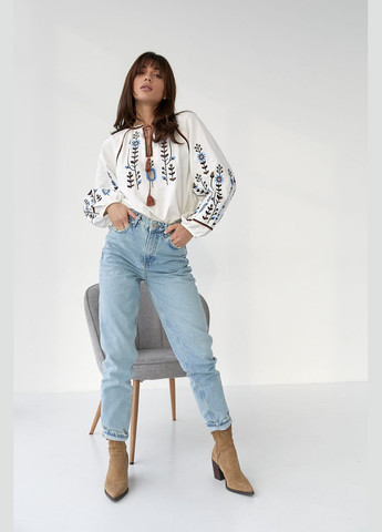 Белая женская вышиванка с пышными рукавами на резинке. ESQ свободная хлопок (325220033)