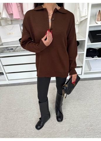 Коричневий демісезонний подовжений оверсайз светр із коміром поло (заміри в описі) Vione