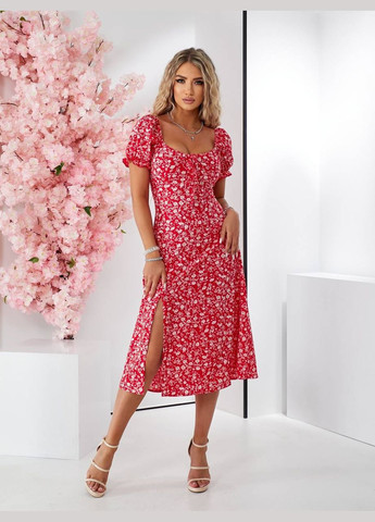 Червона повсякденний літня сукня міді з розрізом та квітковим принтом MonCher з квітковим принтом