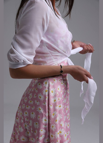 Розовый летний приятный к телу повседневный костюм 2-ка (сарафан в цветочном принте+блузка), идеальный летний комфортный комплект No Brand 029-2