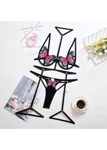 Чорний демісезонний еротичний комплект із метеликами, гартерами та чокером розмір чорного кольору. яскравий комплект з метеликами China