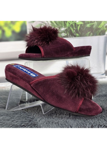 Тапочки жіночі бордові на танкетці з відкритим носком та хутряним помпоном Inblu (366144542)