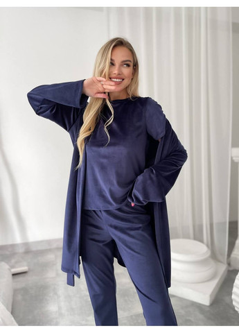 Синя всесезон велюровий домашній комплект трійка Fashion