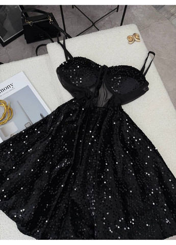 Чорна святковий святкова сукня з корсетним верхом та пишною спідницею з паєток — заміри в описі силуетна DK/DL Мода без кордонів однотонна