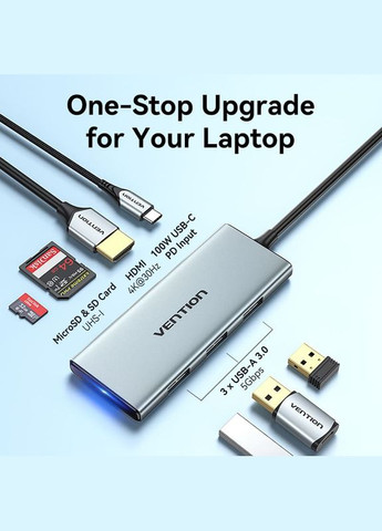 Док-станція USB3.1 Type-C --> HDMI/USB 3.0x3/SD/TF/PD 100W 7-in-1 Vention (315503038)