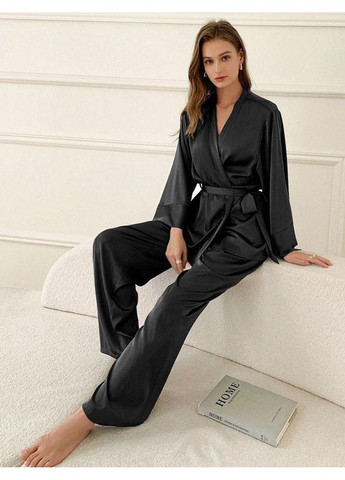 Черная всесезон атласный пижамный комплект в стиле kimono 3в1 халат рубашка брюки рубашка + брюки No Brand Піжама Kimono чорна