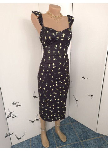 Черное повседневный платье сарафан женское стрейчевое с разрезом силуэтная D&N с цветочным принтом