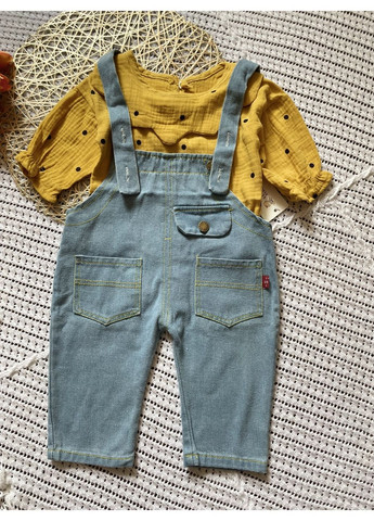 Горчичный демисезонный детский : блузка и джинсовый комбинезон брючный No Brand костюм