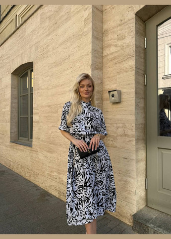 Черно-белое красивое летнее платье-макси в принте из качественного софта, нежное черное платье на пуговицах,пояс гибкая резинка No Brand