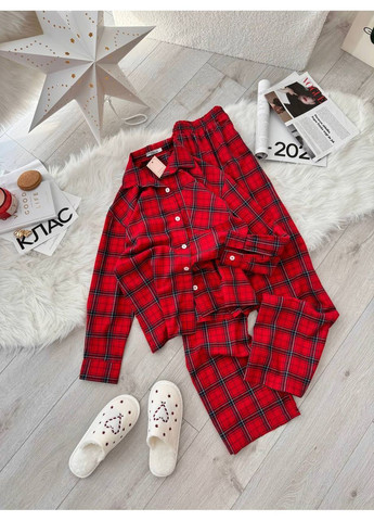 Красная женская фланелевая пижама в клетку рубашка + брюки No Brand С832/833-806/2