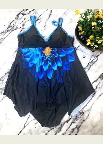 Чорний літній купальник-сукня жіноча роздільна танкіні великий розмір чорний із синім візерунком купальник-сукня, танкіні No Brand