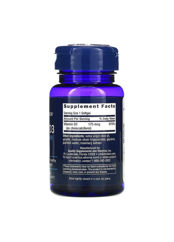 Вітамін D3 175 мкг 7000 МО 60 капсул добавка для імунітету та здоров'я кісток сонячний вітамін Life Extension (368986772)