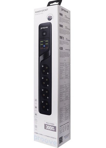 Сетевой фильтр Power Strip P-04 (4x220V/2500W, 4xUSB/2xType-C/4.2A/2m) Black Proove (369939834)