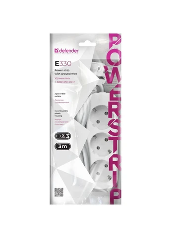 Power filtr 3.0м E330, білий, 3 розетки, з заземленням Defender (396868005)