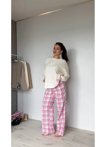 Рожева всесезон жіночий домашній костюм у клеті з бавовни. Fashion