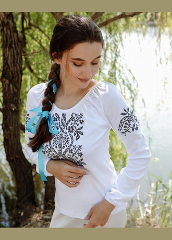 Біла вишиванка жіноча з довгим рукавом hc (h001-8607-038-22-1) приталена інтерлок (290011802)