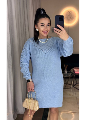 Голубое праздничный, повседневный, кэжуал вязаное платье женское с узором No Brand однотонное