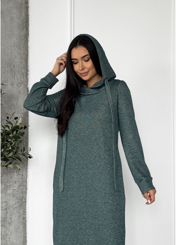 Зелена спортивна, повсякденний, джинсова, кежуал плаття-худі міді з турецької тринитки з люрексом і начосом сукня-худі INNOE меланжева