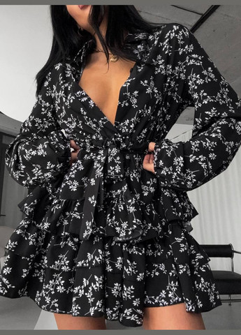 Чорно-білий святковий, коктейльна, повсякденний, джинсова, ділова ніжна сукня No Brand з квітковим принтом