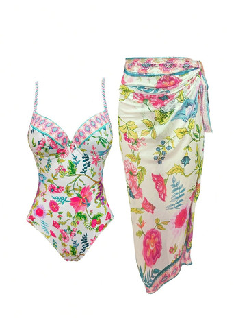 Комбінований демісезонний купальник суцільний суцільний білий із рожевими квітами + спідниця-парео суцільний No Brand 1137