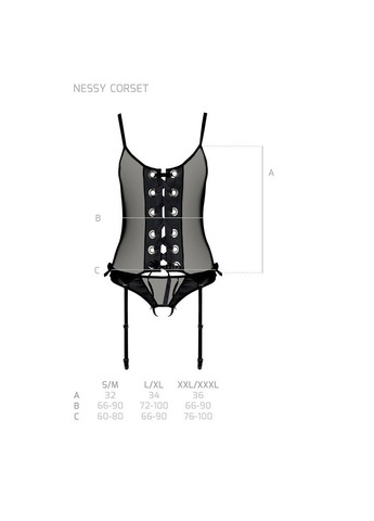 Корсет со шнуровкой NESSY CORSET S/M black, стринги с открытым доступом, пажи для чулок Passion (369951505)