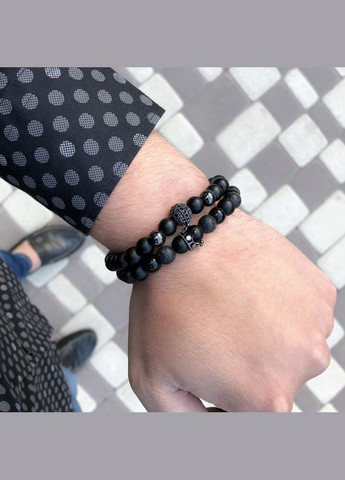 Чоловічі браслети з натурального каміння (комплект) з короною та сферою чорні No Brand (328251214)