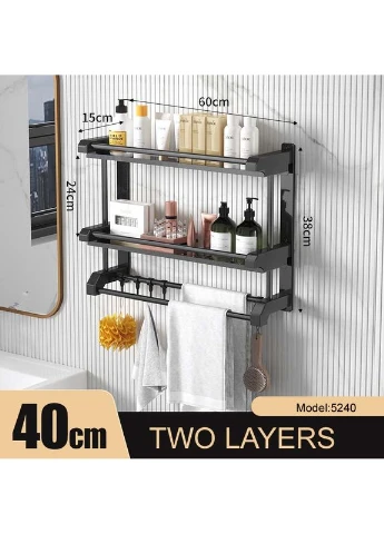 Настінна полиця Light Shelf для ванної кімнати 40х38см 2 яруси з вішалкою для рушників LS-7820 Black No Brand (350349230)