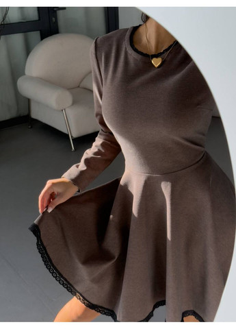 Коричневое праздничный элегантное платье с длинным рукавом и пышной юбкой ✨ замеры в описании силуэтная Vione однотонное