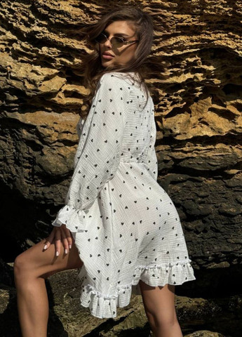 Чорна повсякденний вишукана легка літня міні сукня з сердечками та довгими рукавами ліхтарик Tik-Tak сердечка