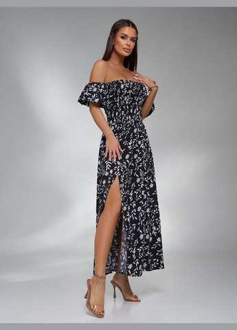 Чорно-білий святковий, коктейльна, повсякденний, кежуал, вечірня сукня бандо з двома розрізами бандо No Brand з квітковим принтом