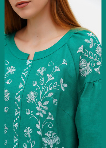 Зелена максі сукня-вишиванка з льону з об'ємним рукавом та квітковим орнаментом любисток., р., код 0336/44/744 ГАЛЕРЕЯ ЛЬОНУ